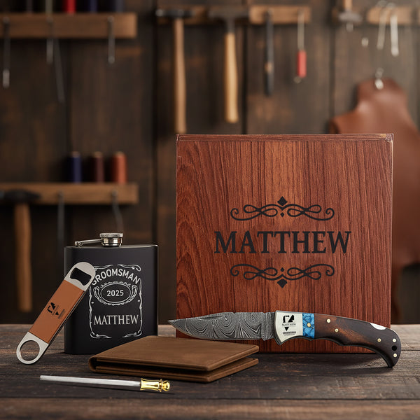 Dark Brown Damascus Pocket Blade Groomsmen Proposal Box