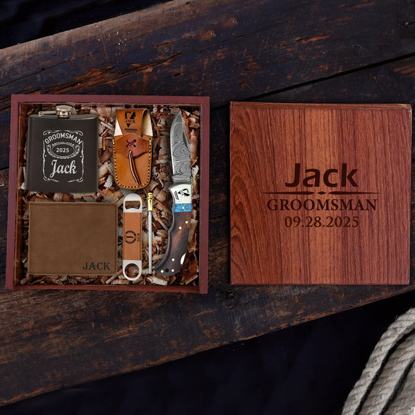 Dark Brown Damascus Pocket Blade Groomsmen Proposal Box
