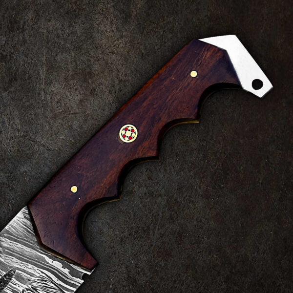 12-inch fixed blade Damascus steel Bowie knife with walnut wood handle and leather sheath