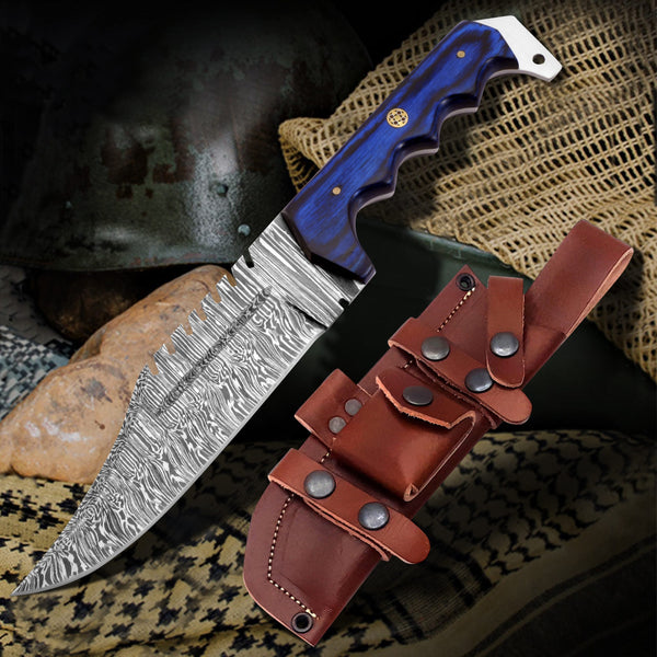 12-inch fixed blade Damascus steel Bowie knife with blue wood handle and leather sheath