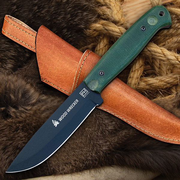 10-inch bushcraft knife with green Micarta handle, full tang blade, and leather sheath for camping, survival, and outdoor use