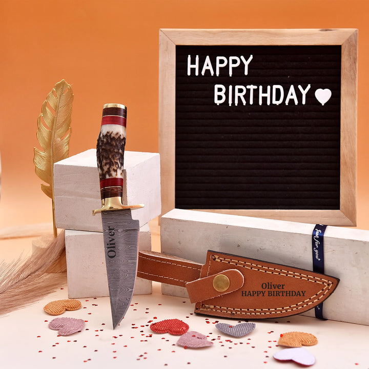 Handmade Damascus Steel Knife with Stag Handle and Leather Sheath