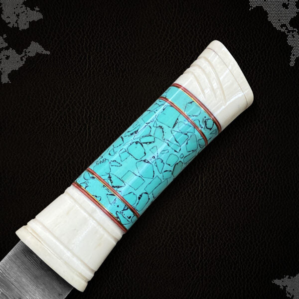 10 inch Handmade Damascus Steel Hunting Knife with Bone and Turquoise Resin Handle and Leather Sheath