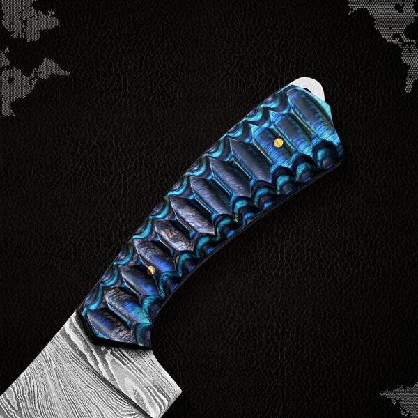 8.5 inch Handmade Damascus Steel Mini Cleaver Knife with Blue Pakkawood Handle and Leather Sheath