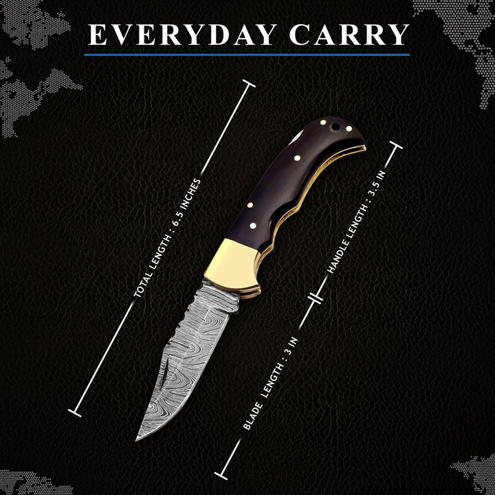 Engraved Damascus steel pocket knife with leather sheath – personalized Father’s Day gift or tribute to tradition