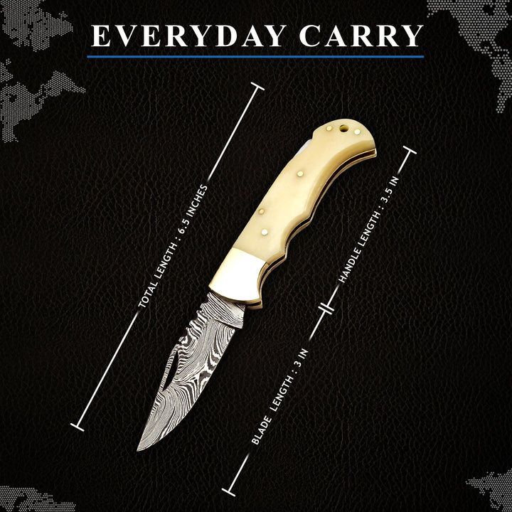 Handmade Damascus steel pocket knife with bone handle and leather sheath – engraved gift for graduation or promotion