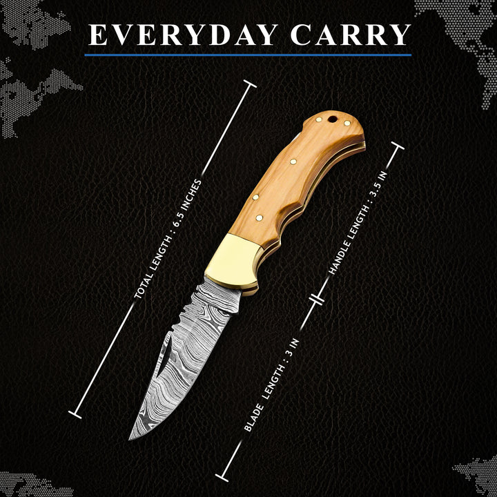 Engraved Damascus steel pocket knife with olive wood handle and leather sheath – nature-inspired gift for collectors or anniversaries