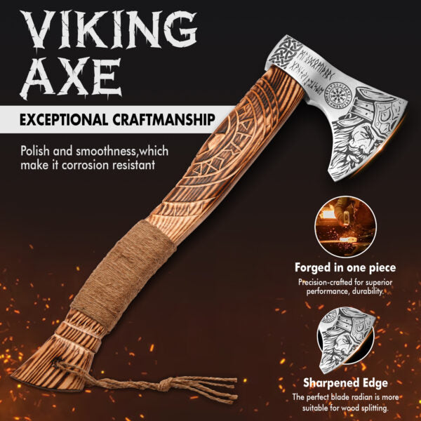 19-inch handcrafted Viking axe with ash wood handle and leather sheath holster