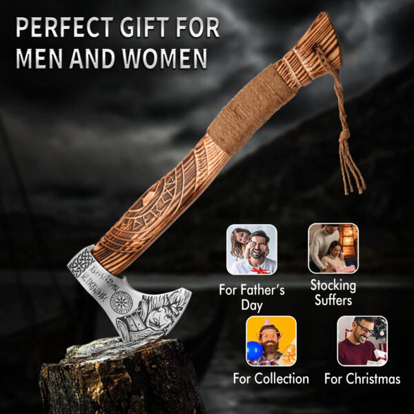 19-inch handcrafted Viking axe with ash wood handle and leather sheath holster
