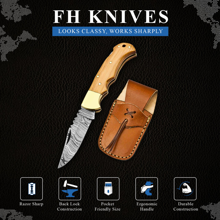 Engraved Damascus steel pocket knife with olive wood handle and leather sheath – nature-inspired gift for collectors or anniversaries
