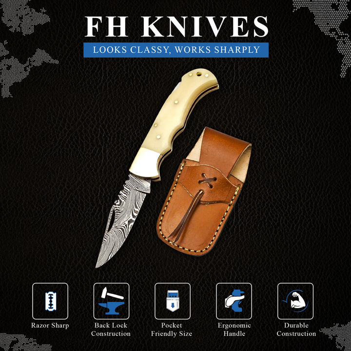 Handmade Damascus steel pocket knife with bone handle and leather sheath – engraved gift for graduation or promotion