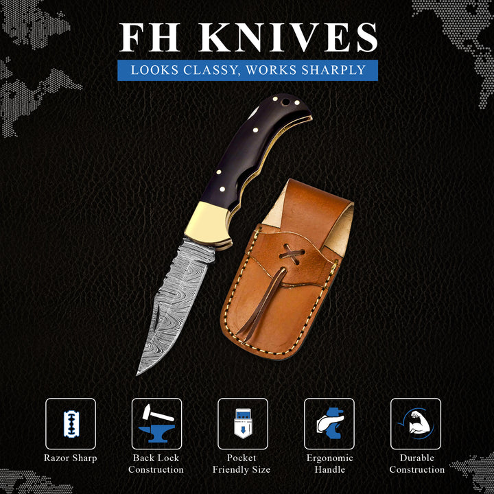 Engraved Damascus steel pocket knife with leather sheath – personalized Father’s Day gift or tribute to tradition