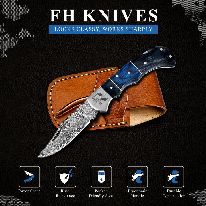 Personalized Damascus pocket knife with leather sheath