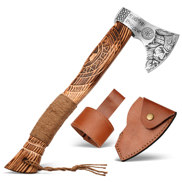 19-inch handcrafted Viking axe with ash wood handle and leather sheath holster