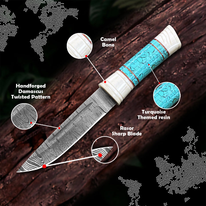 10 inch Handmade Damascus Steel Hunting Knife with Bone and Turquoise Resin Handle and Leather Sheath