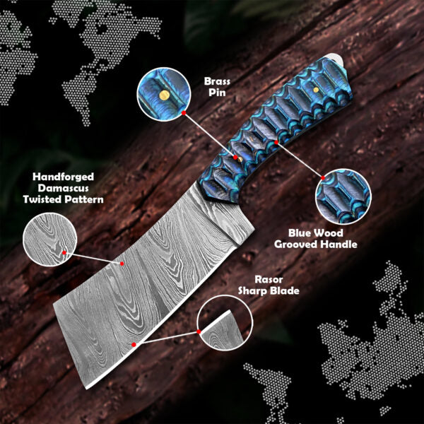 8.5 inch Handmade Damascus Steel Mini Cleaver Knife with Blue Pakkawood Handle and Leather Sheath