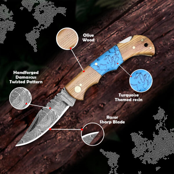 Olive Wood & Turquoise Damascus Pocket Blade Groomsmen Proposal Box