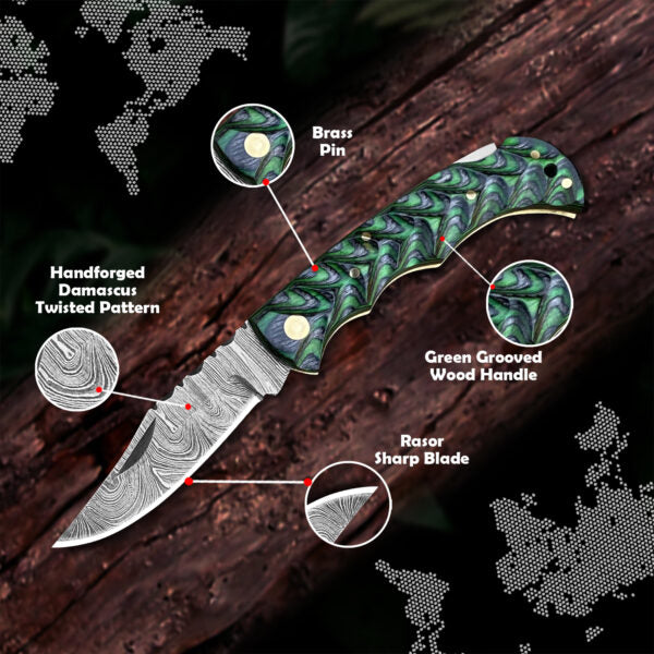 Green Grooved Pakkawood Damascus Pocket blade Groomsmen Proposal Box