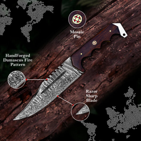 12-inch fixed blade Damascus steel Bowie knife with walnut wood handle and leather sheath