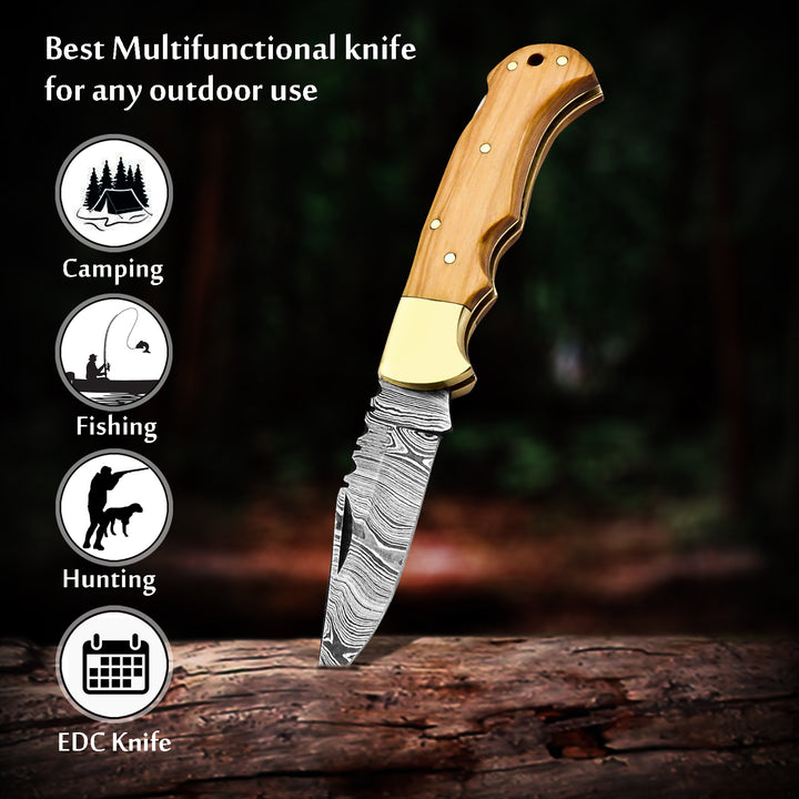 Engraved Damascus steel pocket knife with olive wood handle and leather sheath – nature-inspired gift for collectors or anniversaries