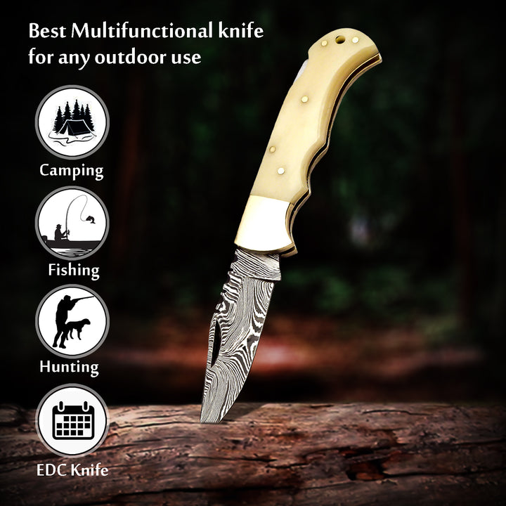 Handmade Damascus steel pocket knife with bone handle and leather sheath – engraved gift for graduation or promotion