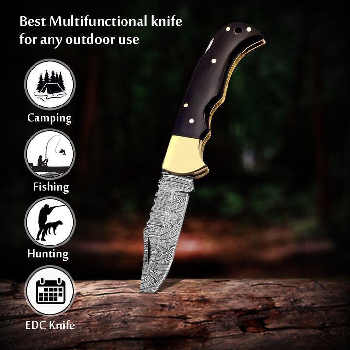 Engraved Damascus steel pocket knife with leather sheath – personalized Father’s Day gift or tribute to tradition