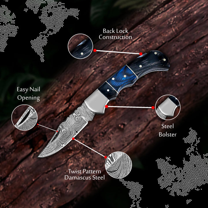 Personalized Damascus pocket knife with leather sheath