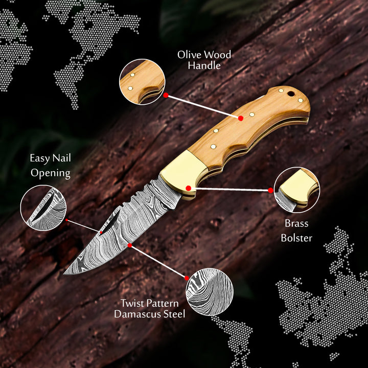 Engraved Damascus steel pocket knife with olive wood handle and leather sheath – nature-inspired gift for collectors or anniversaries