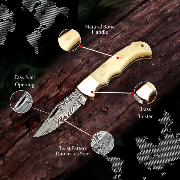 Handmade Damascus steel pocket knife with bone handle and leather sheath – engraved gift for graduation or promotion