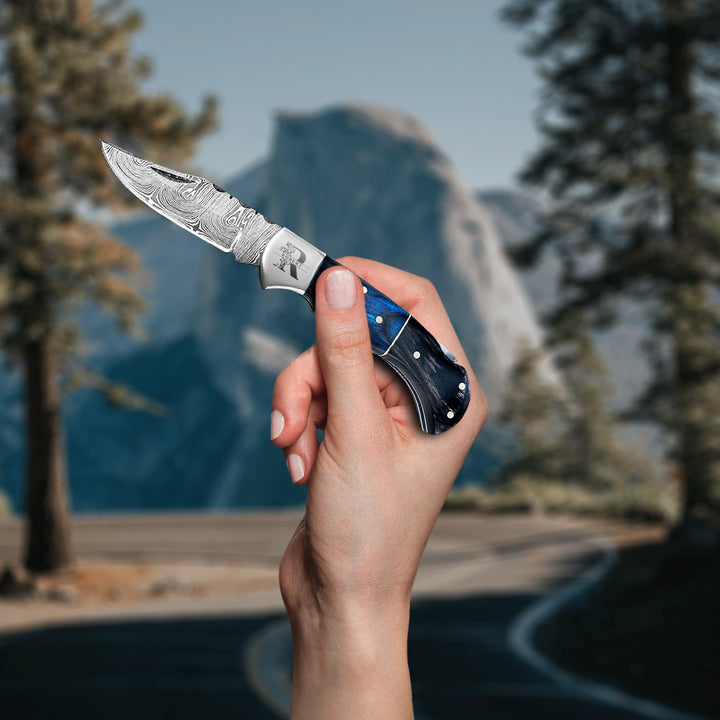 Personalized Damascus pocket knife with leather sheath