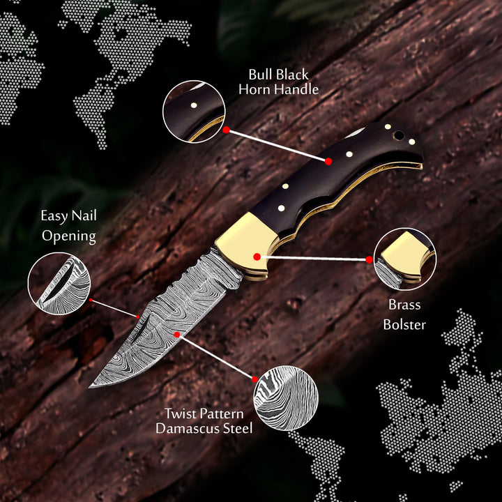 Engraved Damascus steel pocket knife with leather sheath – personalized Father’s Day gift or tribute to tradition