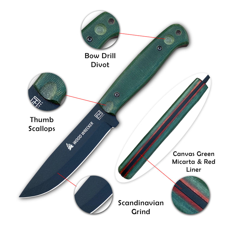10-inch bushcraft knife with green Micarta handle, full tang blade, and leather sheath for camping, survival, and outdoor use