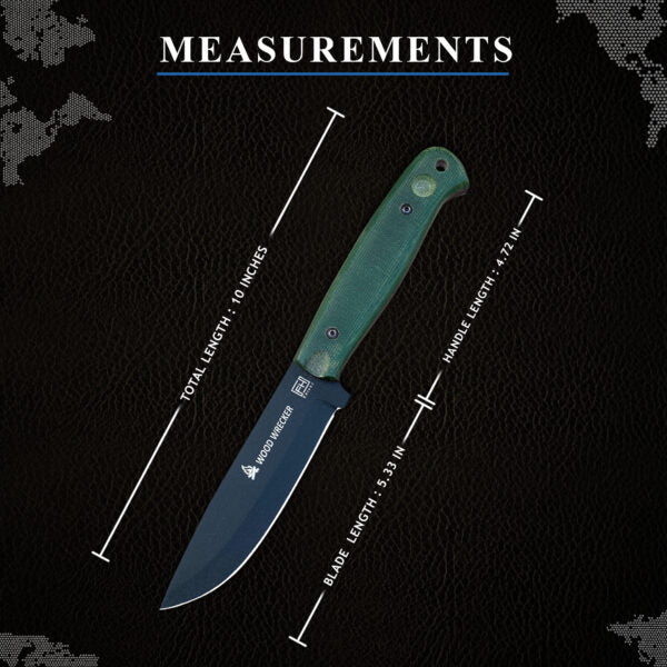 10-inch bushcraft knife with micarta handle and leather sheath – Wood Wrecker fixed blade for outdoor and survival use