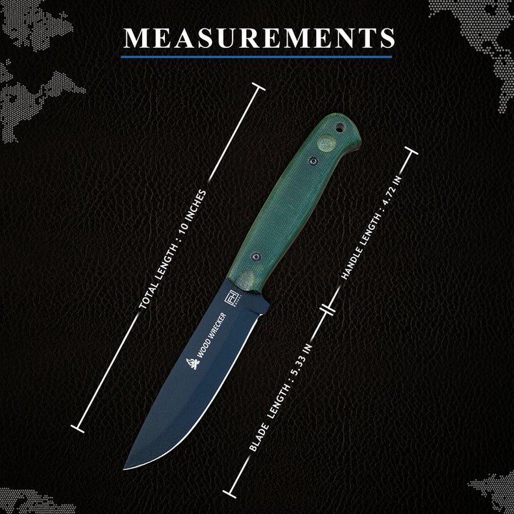 10-inch bushcraft knife with green Micarta handle, full tang blade, and leather sheath for camping, survival, and outdoor use